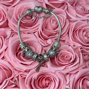 Pandora bracelet with charms, safety chain, and clips! SZ 19